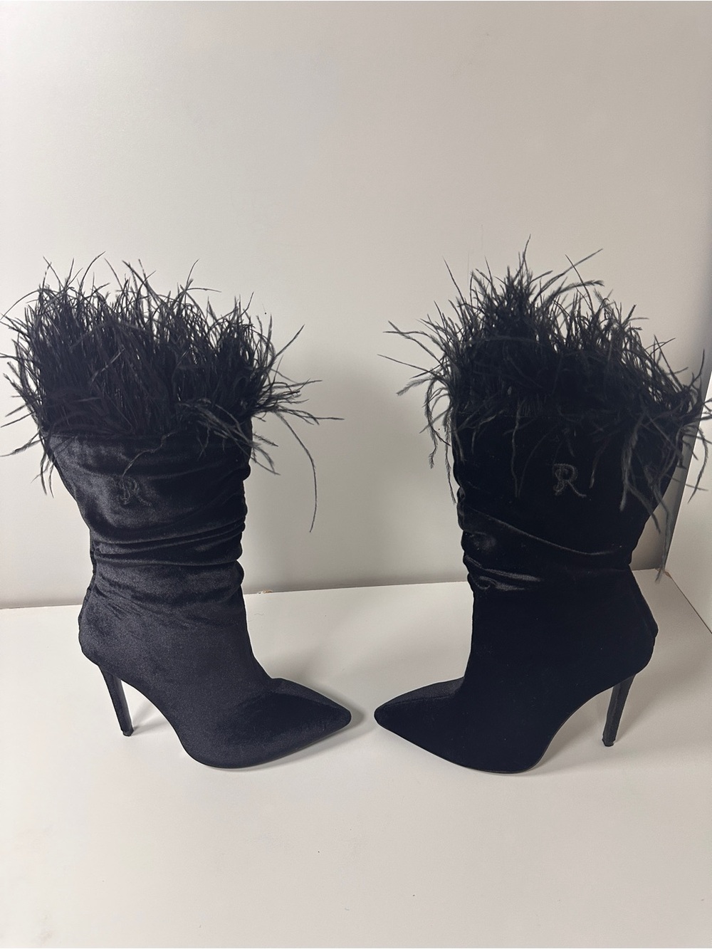 Feather-Trim Black Velvet Stiletto Ankle Boots
